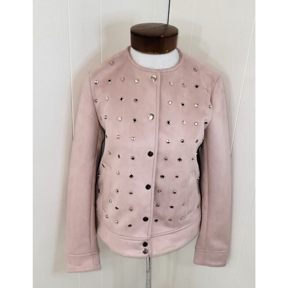 Zara Basic Outerwear Womens Small Blush Studded Faux Suede Snap Button Jacket